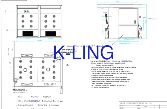 Laboratoriumluchtdouche van roestvrij staal met LED-verlichtingssysteem 22-30m/s Luchtsnelheid 1000-3000m3/h Luchtstroom